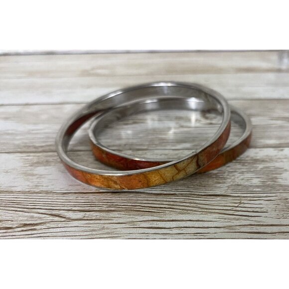 Silver Toned Enamel Bangle Bracelets Orange Fall Tones Vintage Pair - Picture 10 of 10